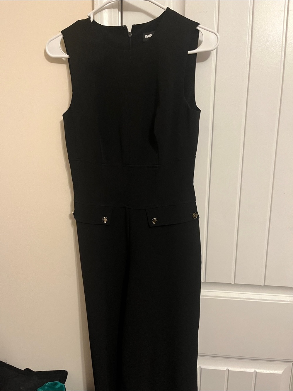 Karl Lagerfeld Black Sleeveless Tailored Jumpsuit with Button Flap